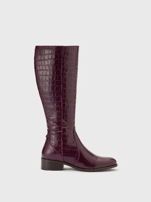 Haltham Standard Knee High Boots in Wine Croc Print Leather