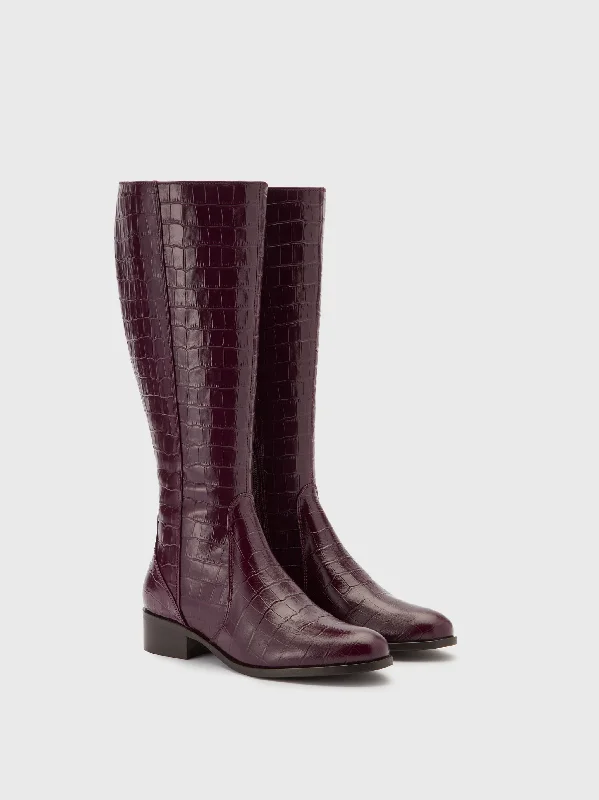 Haltham Standard Knee High Boots in Wine Croc Print Leather