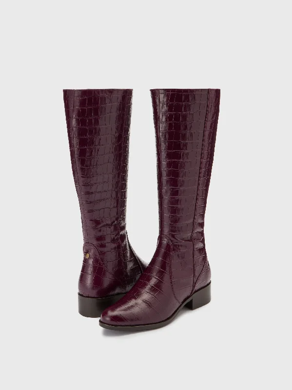 Haltham Standard Knee High Boots in Wine Croc Print Leather