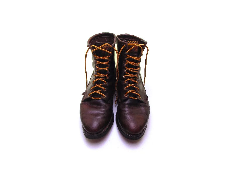 Justin Lace Up Boots Men, Burgundy Leather Work Boots Vintage Men's Distressed Boots Worn In Rider Biker Boots Made in USA Size 11 1/2 EEE wide