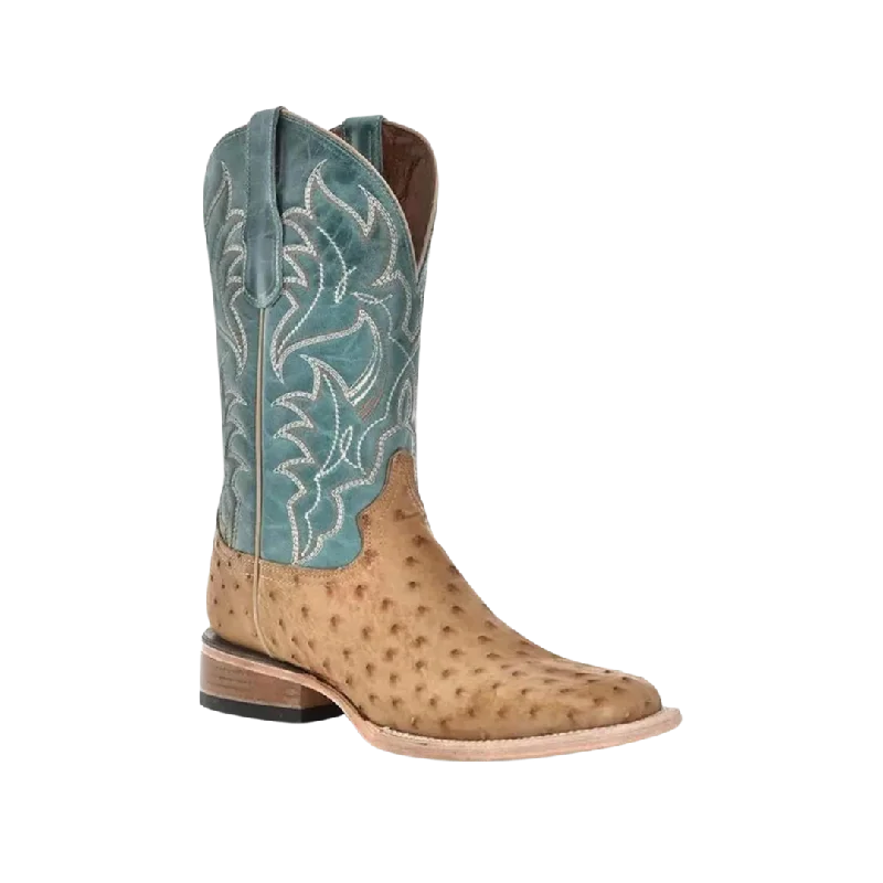 Corral Men's Sand Blue Ostrich Skin Wide Square Toe Boot