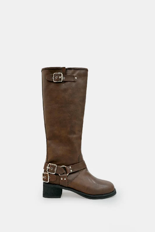 Leslie Buckle Boots, Brown