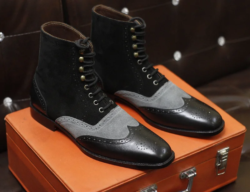 New Men's Handmade Formal Shoes Black & Grey Leather Lace Up Stylish Ankle High Wing Tip Dress Formal Boots