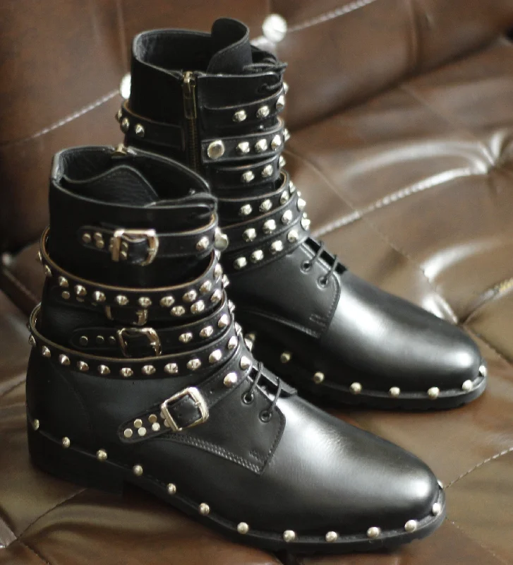 New Men's Handmade Formal Shoes Black Leather Stud Lace Up Ankle High Stylish Zip Up Buckles Studded Style Boots