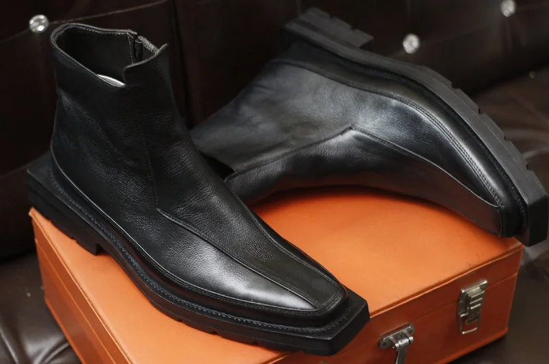 New Men's Handmade Formal Shoes Black Leather Zip Up Stylish Ankle High Jodhpur Boots