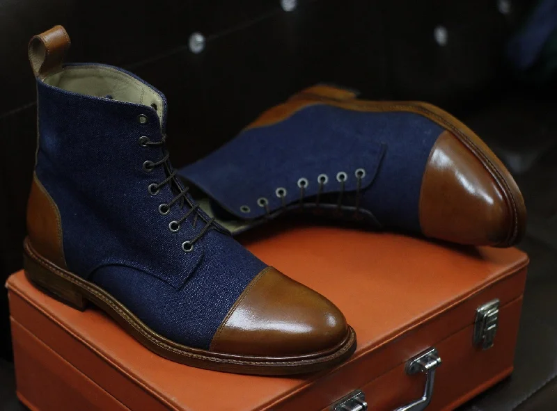 New Men's Handmade Formal Shoes Blue Jeans, Brown Leather Lace Up Ankle High Stylish Cap Toe Dress & Formal Wear Boots