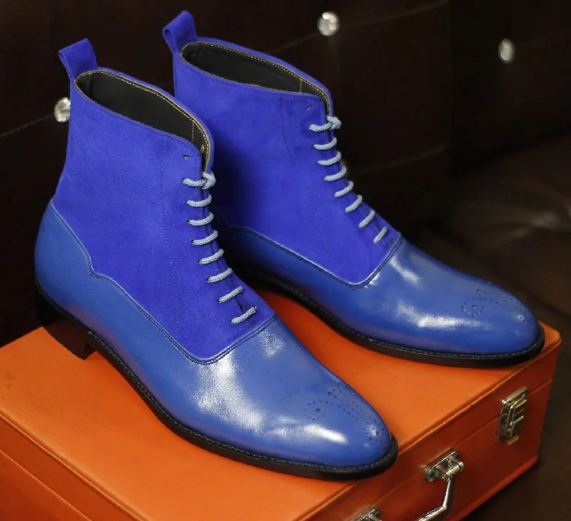 New Men's Handmade Formal Shoes Blue Leather & Suede Lace Up Stylish Ankle High Combat Style Formal Boots