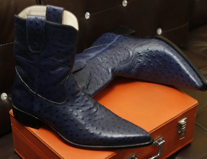 New Men's Handmade Formal Shoes Blue Ostrich Textured Leather Pull On Ankle High Cowboy Boots