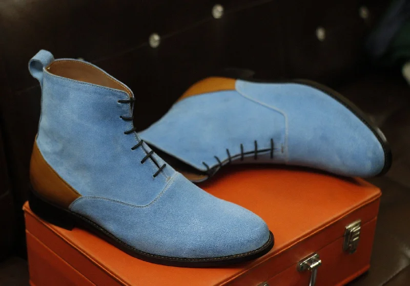 New Men's Handmade Formal Shoes Blue Suede Leather Lace Up Ankle High Stylish Dress & Formal Wear Boots