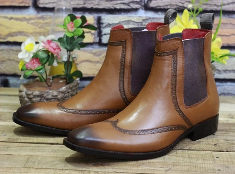 New Men's Handmade Formal Shoes Brown Shaded Leather Ankle High Pull On Stylish Wing Tip Chelsea Boots