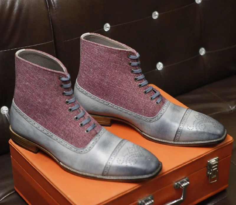 New Men's Handmade Formal Shoes Grey Leather And Maroon Tweed Lace Up Ankle High Cap Toe Style Dress & Formal Boots