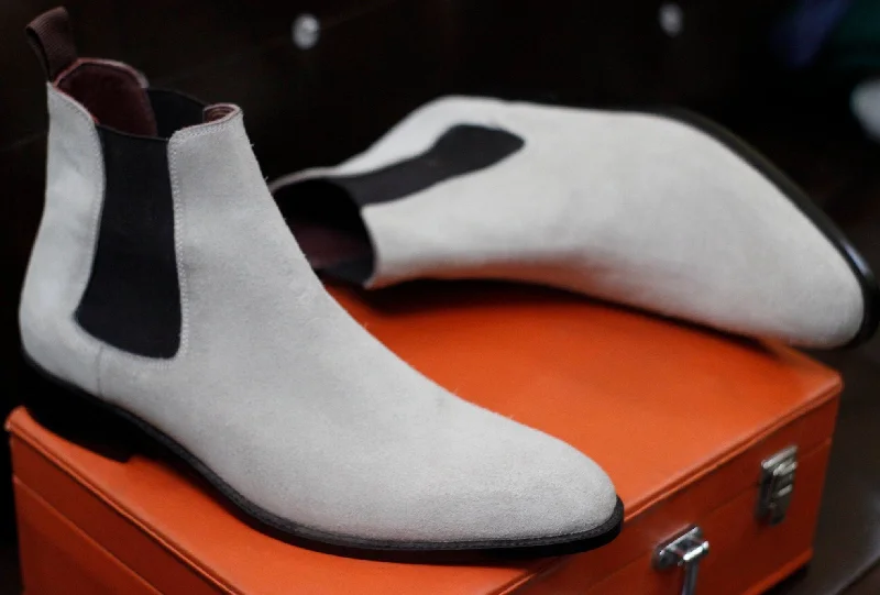 New Men's Handmade Formal Shoes White Suede Leather Pull On Stylish Ankle High Chelsea Dress & Formal Wear Boots