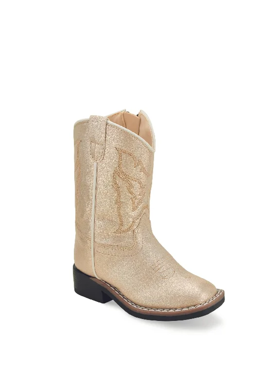 Old West Toddler's Shiny Cream All Over Leatherette Broad Square Toe Boot