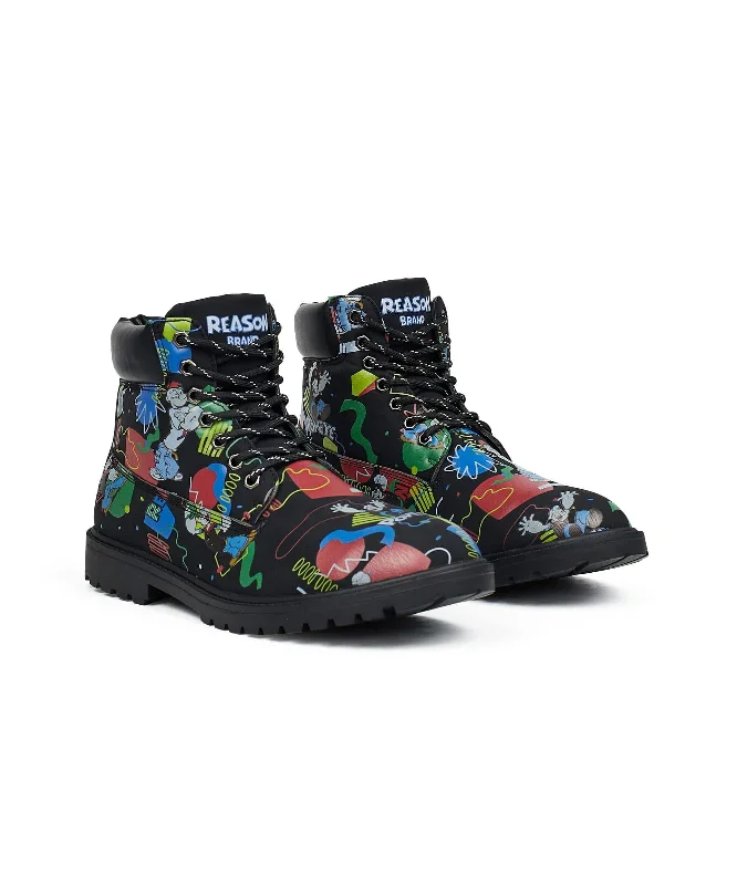 Popeye X Reason Collab Faux Suede Graffiti Print Boots - Black