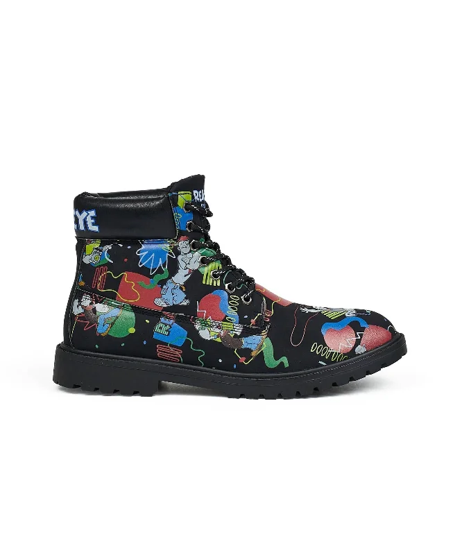 Popeye X Reason Collab Faux Suede Graffiti Print Boots - Black