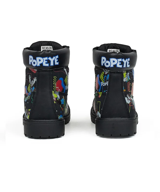 Popeye X Reason Collab Faux Suede Graffiti Print Boots - Black