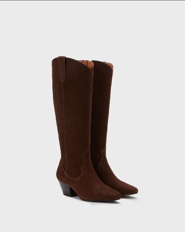 Saffron Knee High Boots in Brown Suede