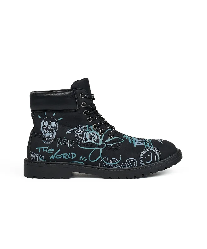 Skull Flower Faux Suede Graffiti Print Boots - Black