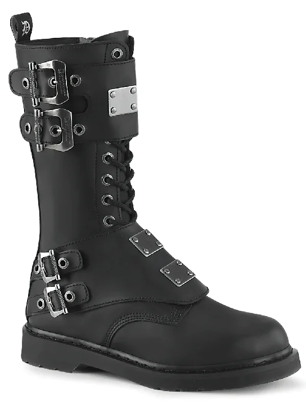 DEMONIA Black Mid-Calf Combat Boots with Metal Plate Detail