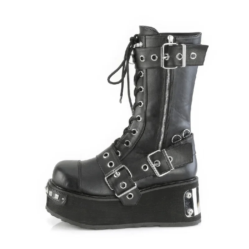 DEMONIA Black Mid-Calf Lace-Up Boots with Studs