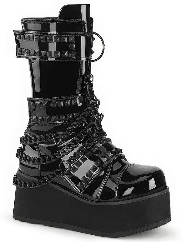 DEMONIA Black Mid-Calf Platform Boots with Pyramid Studs