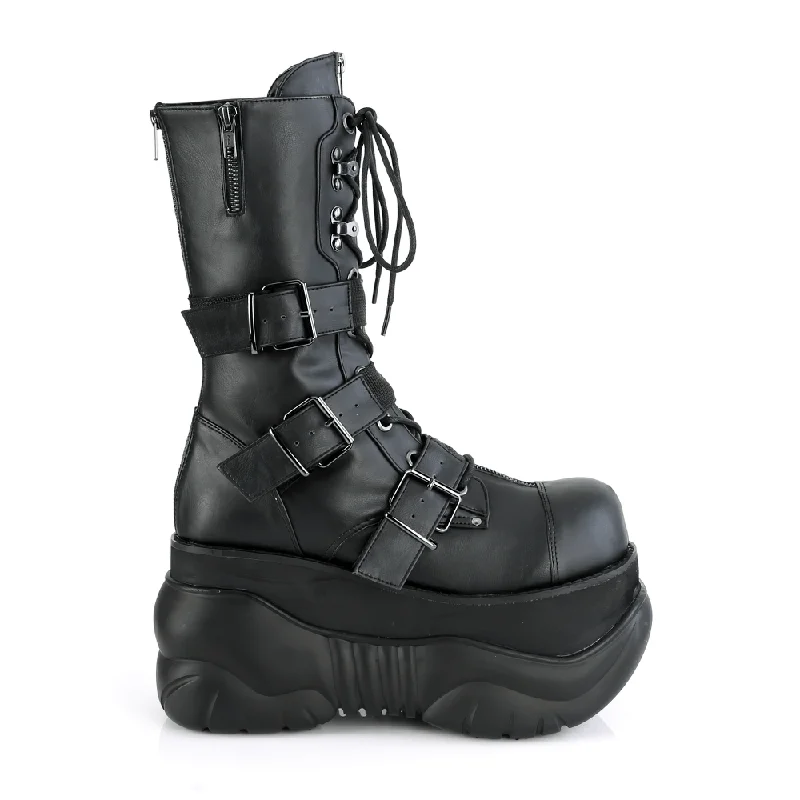 DEMONIA Black Platform Mid-Calf Boots with Buckle Straps