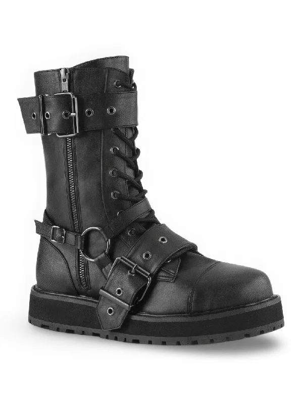 DEMONIA Mid-Calf Boots with Buckles and Metal Zipper