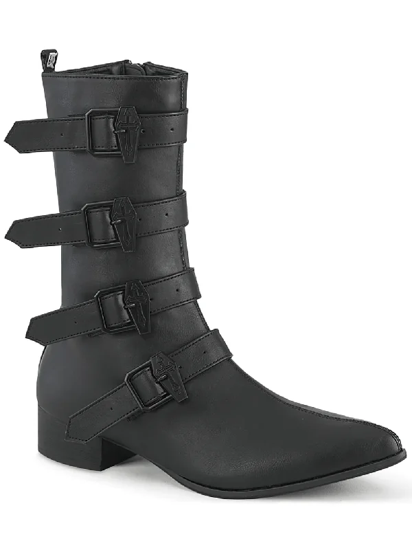 DEMONIA Multi-Strap Buckle Mid-Calf Boots with Pointed Toe