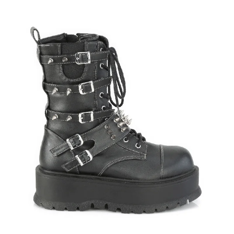 DEMONIA Platform Mid-Calf Boot with Spike Buckle Straps