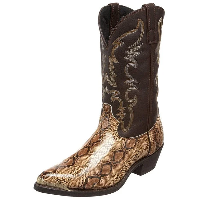 Embroidered Snake Printed Mid-Calf Boots